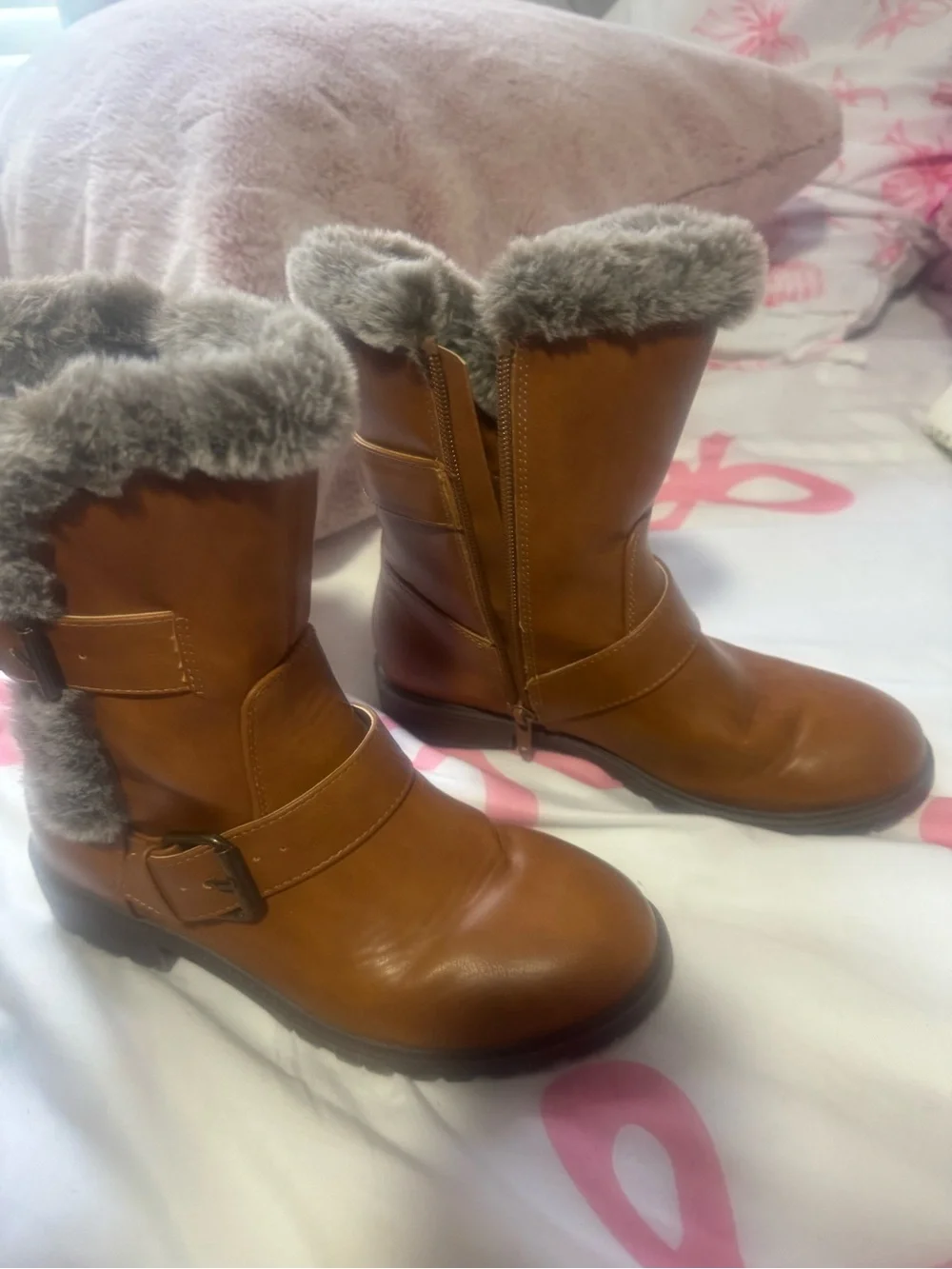 Madden Girl Tan Faux-Fur Cuffed Ankle Boots